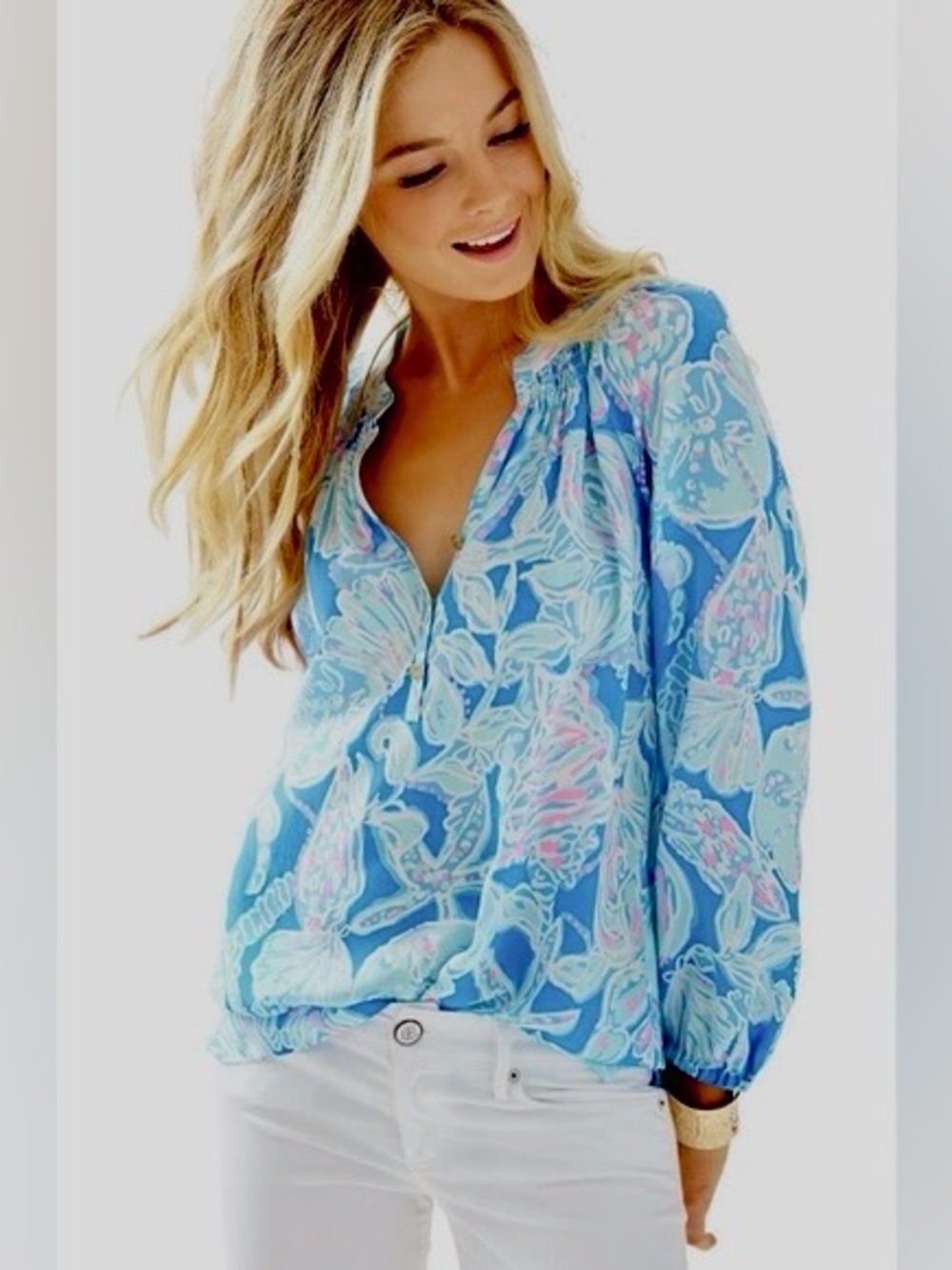 Lilly Pulitzer Elsa Silk Top in Blue and Pink Seashell Print